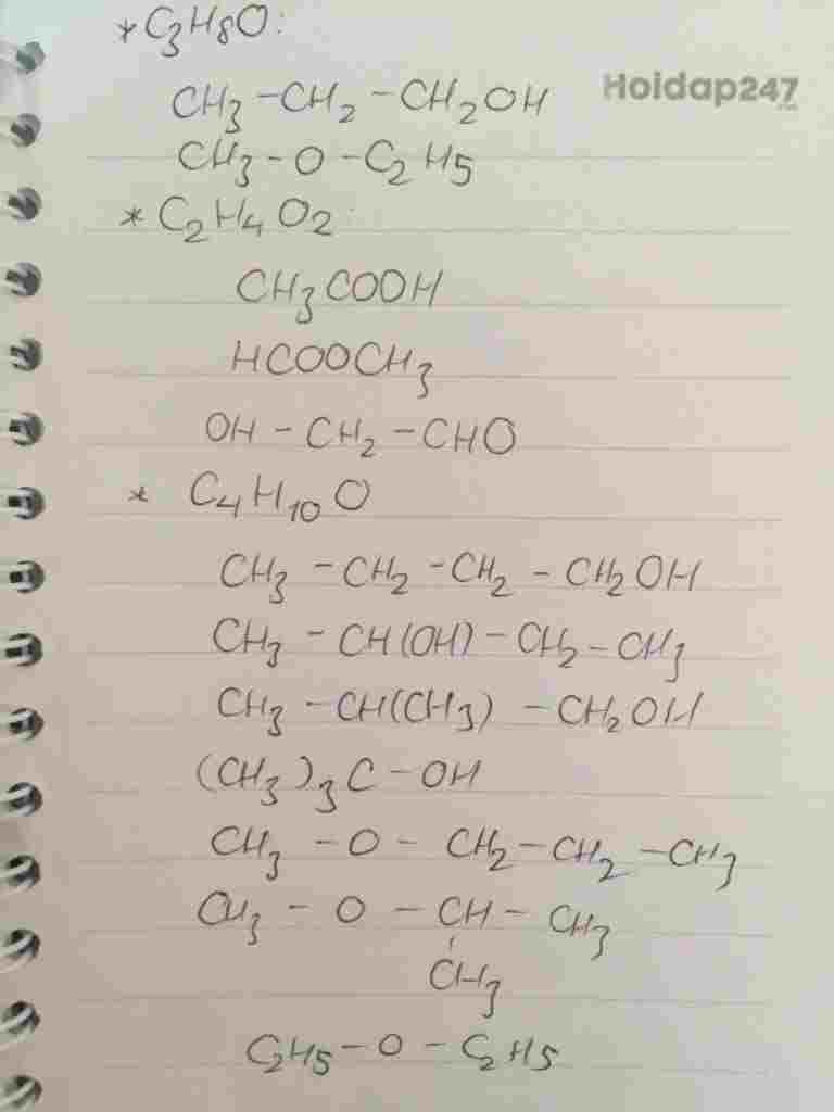 hoa-hoc-lop-11-viet-cong-thuc-cau-tao-cua-c3h8o-c2h4o2-c4h10o-c3h6o2-c2h2o3-c3h4o4-c3h4o-c2h6o2
